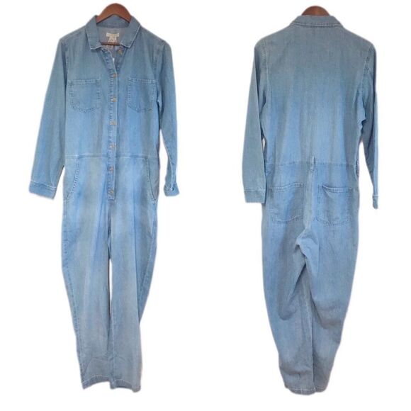 OUTERKNOWN Wyatt Long Sleeve Button Front Denim Jumpsuit Blue Size Medium New - Picture 2 of 15